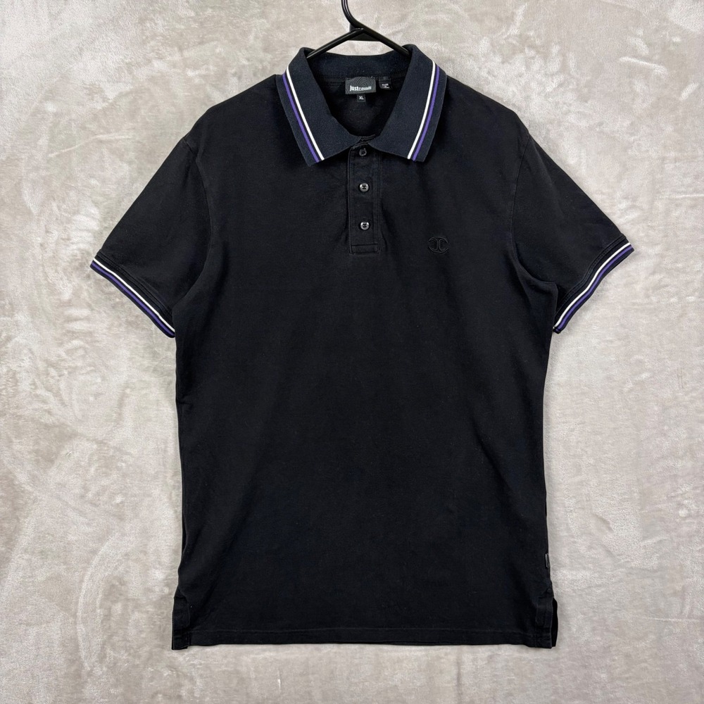 Just Cavalli Men XL Black Pique Polo Shirt Purple White Tip Snake Print Collar
